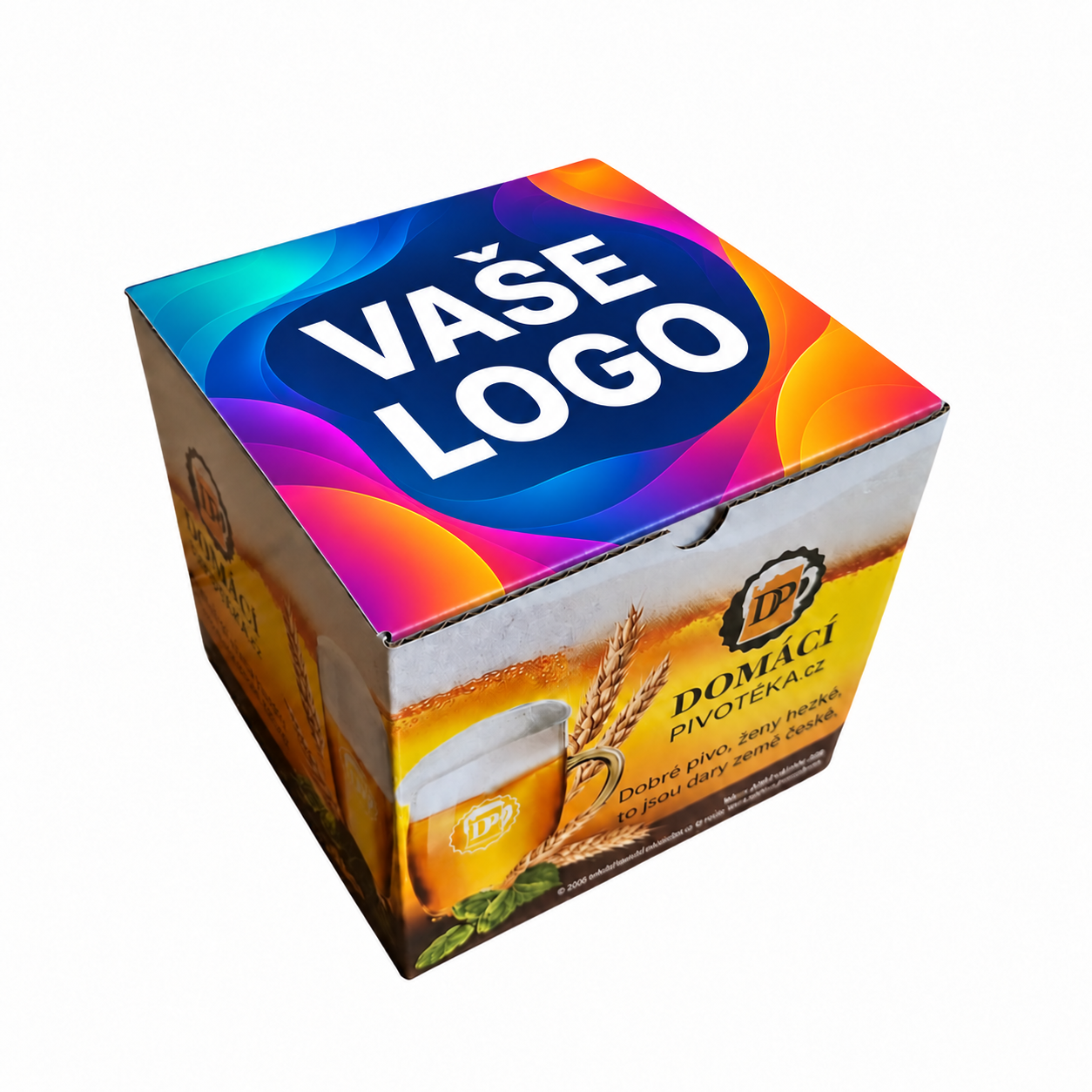 Krabice na šest plechovkových piv s barevnou samolepkou Vaše logo