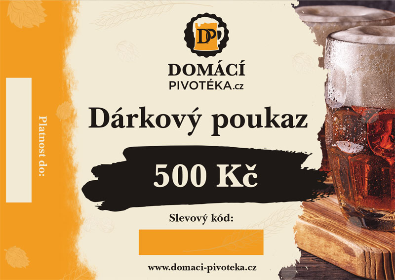 Domácí pivotéka Poukaz na pivo 500 Kč Druh: Zaslat emailem, vytisknu si sám.