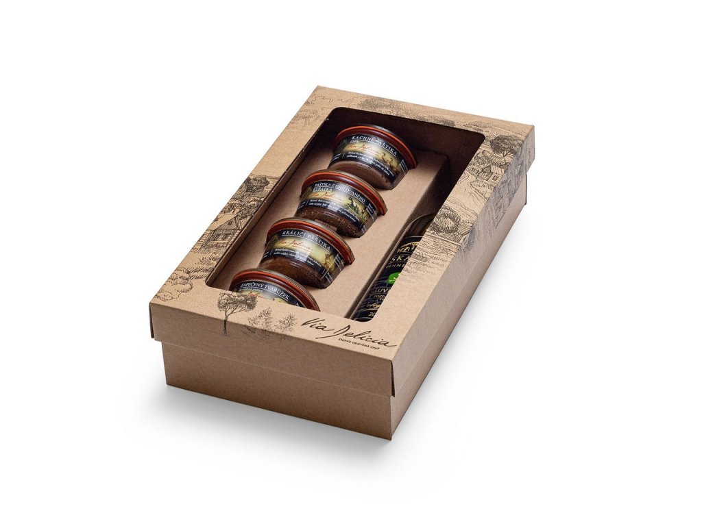 Via Delicia Dárková kazeta 4 sedlácké paštiky a bílé víno