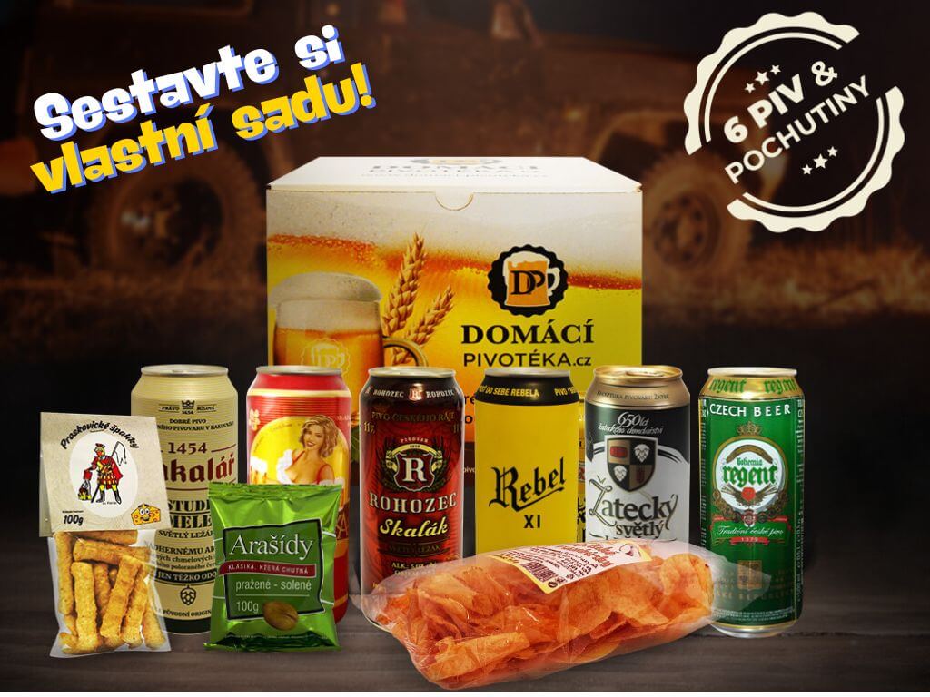 Sada piv a pochutin - vlastní výběr 3 piva v plechu varianta 1: Platan Desítka, Pražačka světlé výčepní, Postřižinské světlé výčepní, 3 piva v plechu varianta 2: Regent pivo Petra Voka 13°, Svijanský Kníže 13%, Regent Prezident, Pivní pochutiny: Cyrilovy brambůrky povidlové - 100g, Bertyčky 90g, Arašídy pražené - solené 100g