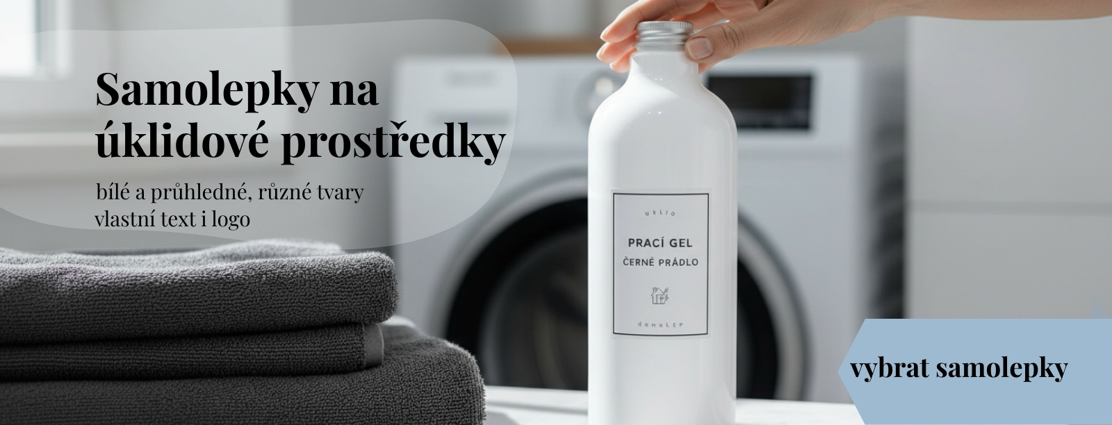 Samolepky na úklidové prostředky, elegantní řešení pro praní bez barevných obalů pracích prostředků.