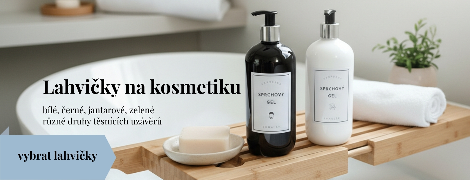 Lahvičky na kosmetiku DomaLEP do koupelny, dávkovače na sprchový gel, mýdlo a kosmetické přípravky v různých barvách, velikostech a provedeních.