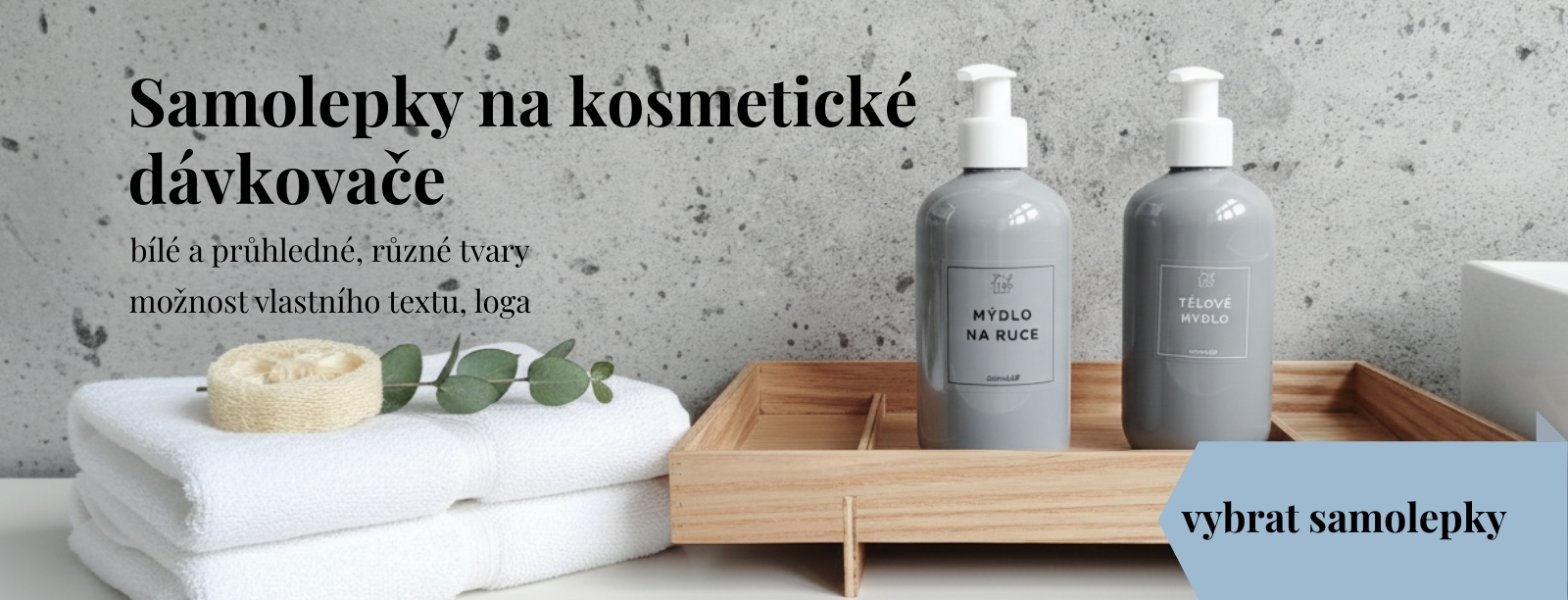 Samolepky na dávkovače na mýdlo DomaLEP do koupelny, označení kosmetiky a možnost úpravy textu dle přání zákazníka.