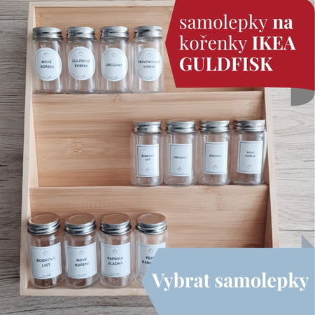 Voděodolné samolepky na kořenky IKEA GULDFISK – praktické označení pro lepší organizaci kuchyně a skladování surovin.