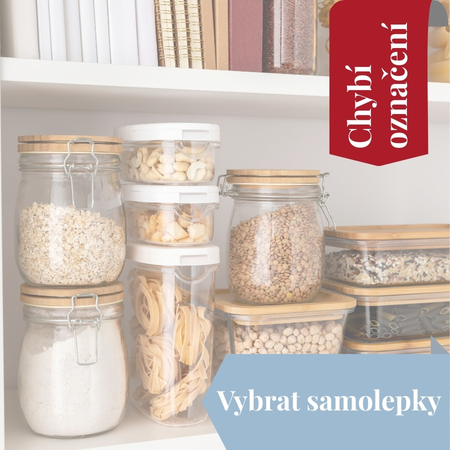 Voděodolné samolepky na potravinové dózy – praktické označení pro lepší organizaci kuchyně a skladování surovin.