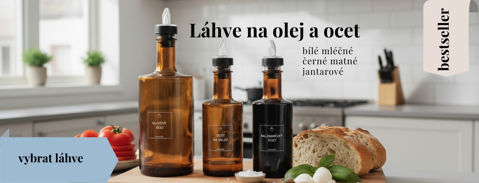 Skleněné jantarové láhve VILO na olej a ocet s různými uzávěry, dvě velikosti, použití v kuchyni DomaLEP.