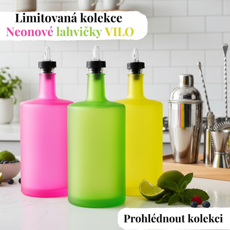 Limitovaná kolekce VILO – neonové skleněné lahve na olej 500 ml. Růžová, zelená a žlutá varianta s čirou nálevkou, vhodné na olej, ocet, sirupy, likéry i další tekutiny.