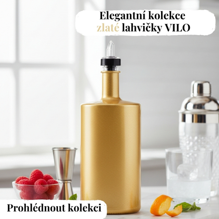 Designové zlaté skleněné lahve VILO o objemu 500 ml s čirou nálevkou. Elegantní skleněné lahvičky vhodné na olej, ocet, sirupy, domácí limonády, likéry i destiláty.