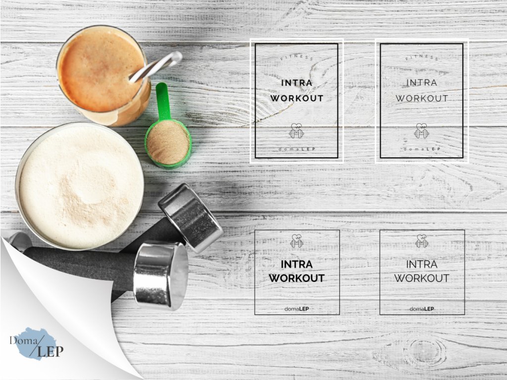 INTRA WORKOUT omyvatelná samolepka na boxy a dózy na fitness produkty, obdélník nebo čtverec, základní a tučné písmo, průhledná varianta DomaLEP