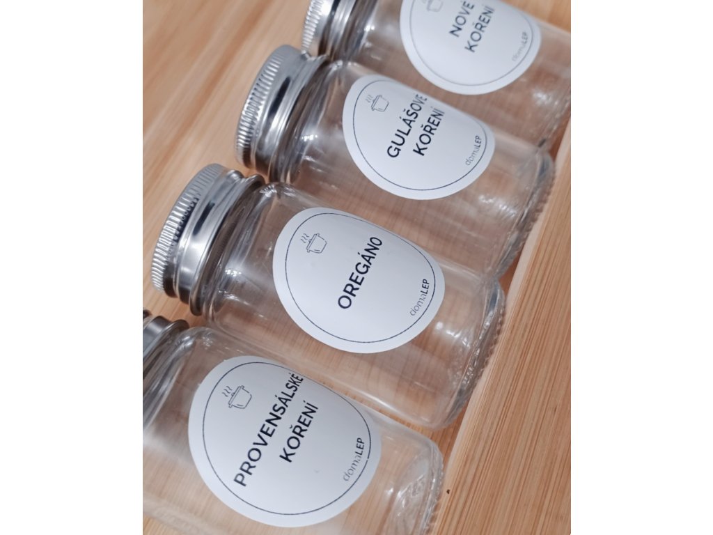 Kulaté samolepky na kořenky IKEA GULDFISK průměr 4 cm – minimalistické označení koření DomaLEP