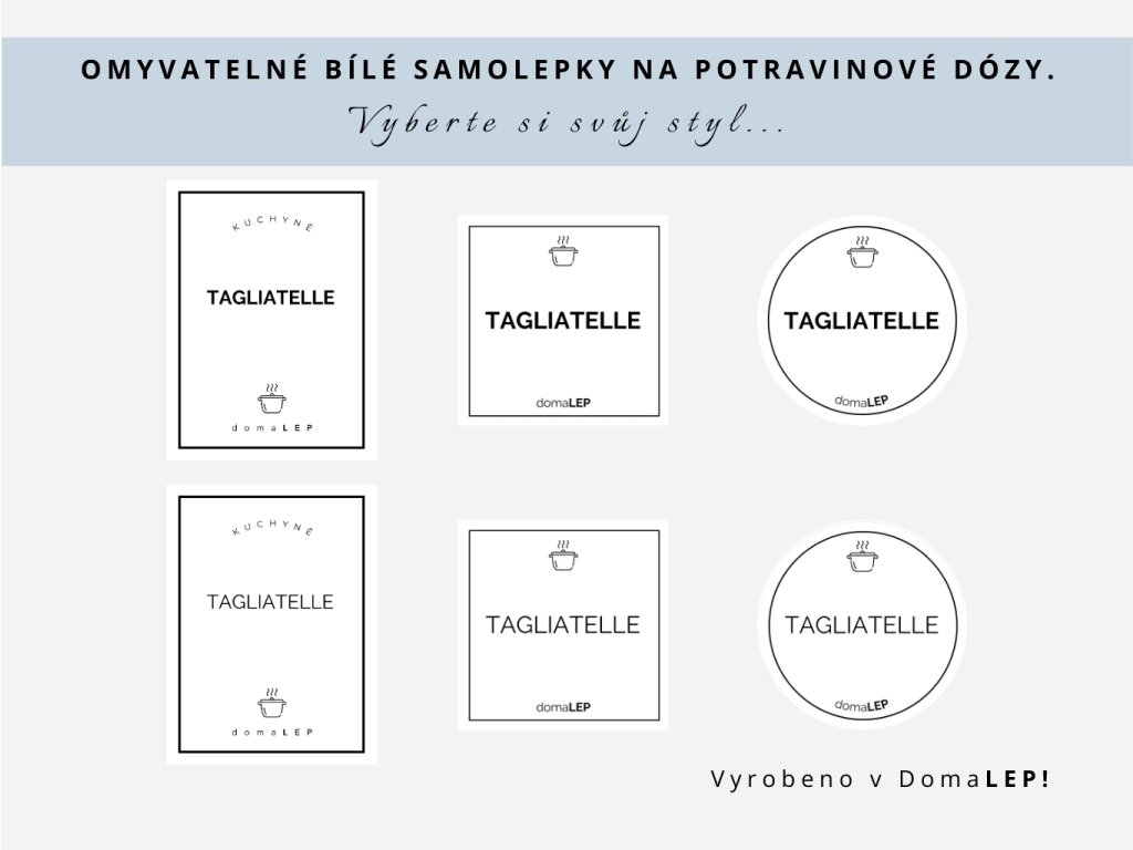 Samolepka TAGLIATELLE na potravinové dózy, 3 velikosti, bílá, základní nebo tučné písmo, DomaLEP.