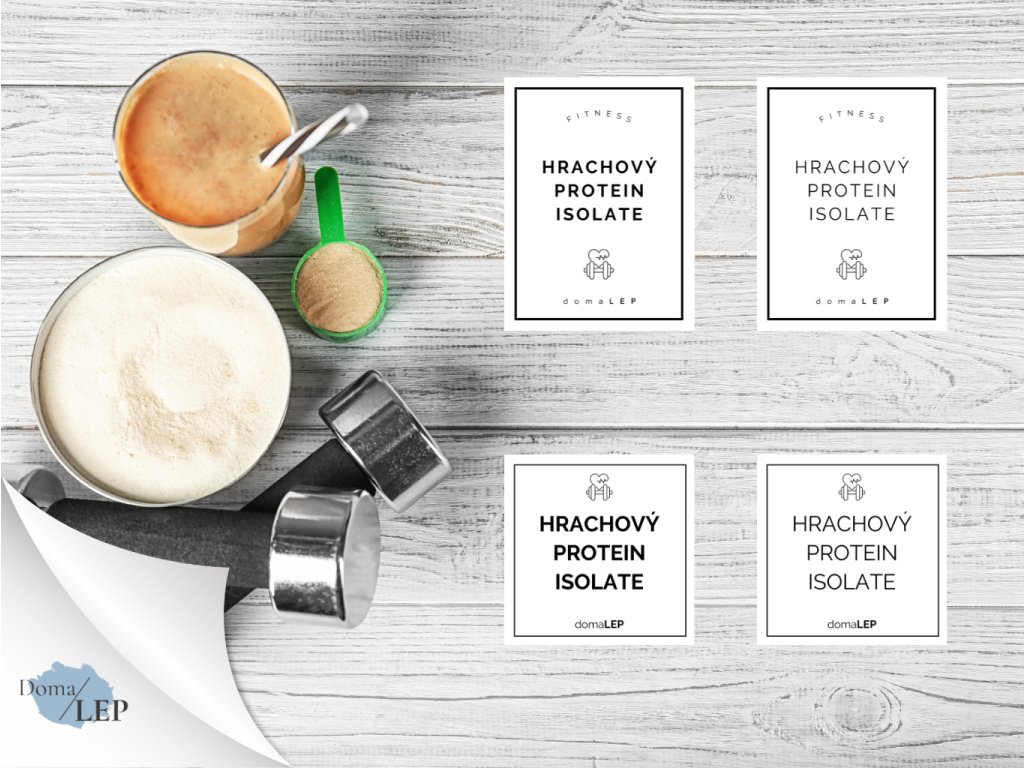 HRACHOVÝ PROTEIN ISOLATE omyvatelná samolepka na boxy a dózy na fitness produkty, obdélník nebo čtverec, základní a tučné písmo, bílá varianta DomaLEP