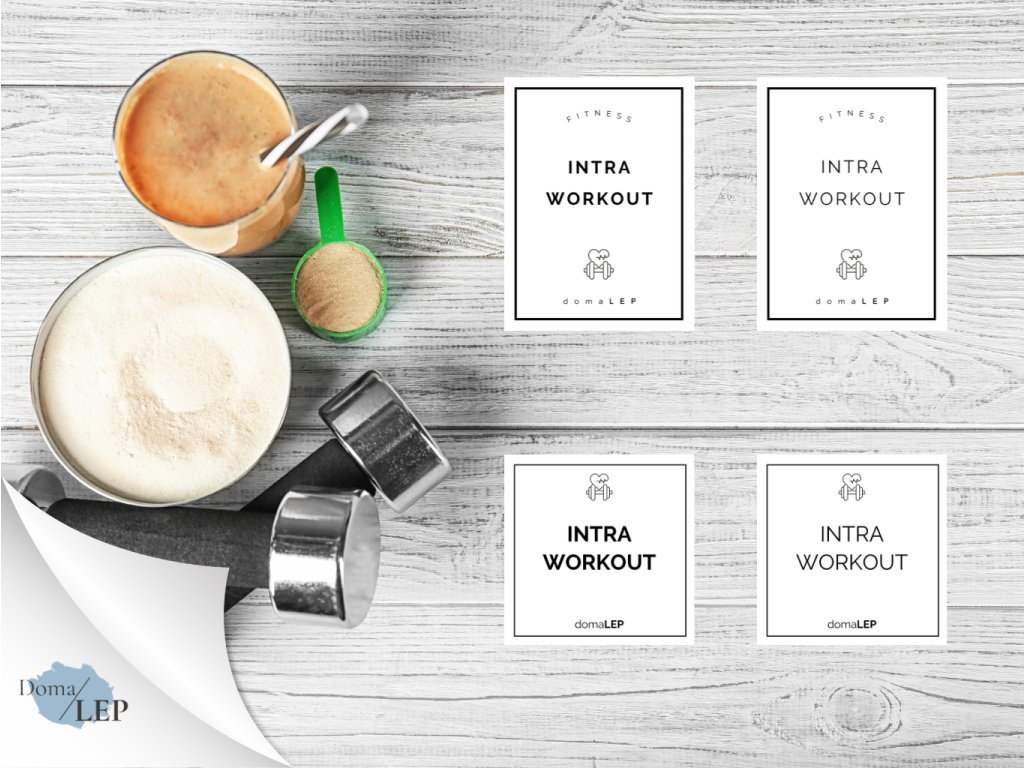 INTRA WORKOUT omyvatelná samolepka na boxy a dózy na fitness produkty, obdélník nebo čtverec, základní a tučné písmo, bílá varianta DomaLEP