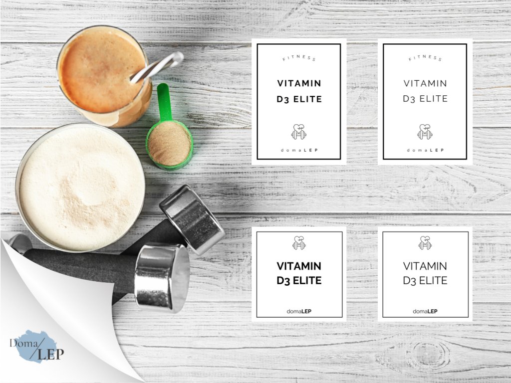 VITAMIN D3 ELITE omyvatelná samolepka na boxy a dózy na fitness produkty, obdélník nebo čtverec, základní a tučné písmo, bílá varianta DomaLEP