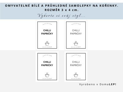 Samolepka CHILLI PAPRIČKY na kořenky, průhledná a bílá, základní nebo tučné písmo, DomaLEP.