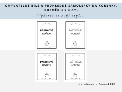 Samolepka PAŠTIKOVÉ KOŘENÍ na kořenky, průhledná a bílá, základní nebo tučné písmo, DomaLEP.