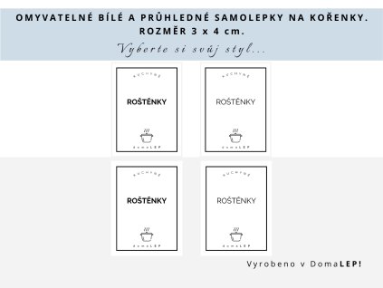 Samolepka ROŠTĚNKY na kořenky, průhledná a bílá, základní nebo tučné písmo, DomaLEP.