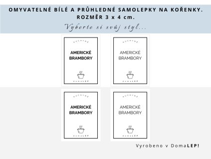 Samolepka AMERICKÉ BRAMBORY na kořenky, průhledná a bílá, základní nebo tučné písmo, DomaLEP.