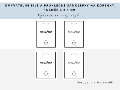 Samolepka OREGÁNO na kořenky, průhledná a bílá, základní nebo tučné písmo, DomaLEP.