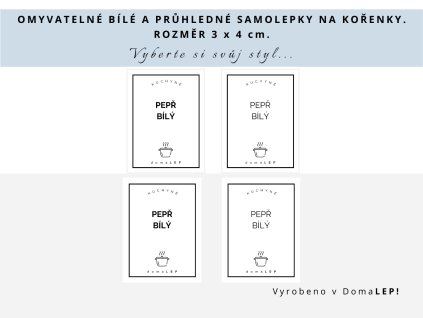 Samolepka PEPŘ BÍLÝ na kořenky, průhledná a bílá, základní nebo tučné písmo, DomaLEP.