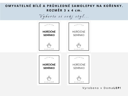 Samolepka HOŘČIČNÉ SEMÍNKO na kořenky, průhledná a bílá, základní nebo tučné písmo, DomaLEP.