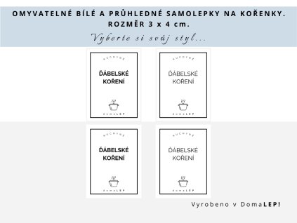 Samolepka ĎÁBELSKÉ KOŘENÍ na kořenky, průhledná a bílá, základní nebo tučné písmo, DomaLEP.