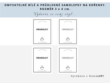 Samolepka HRANOLKY na kořenky, průhledná a bílá, základní nebo tučné písmo, DomaLEP.