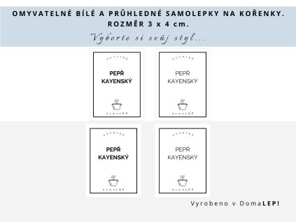 Samolepka PEPŘ KAYENSKÝ na kořenky, průhledná a bílá, základní nebo tučné písmo, DomaLEP.