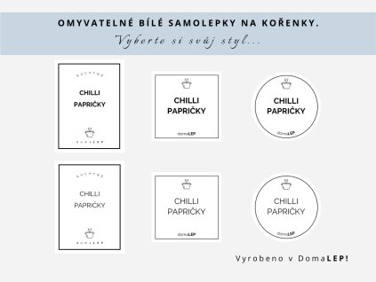 Samolepka CHILLI PAPRIČKY na kořenky, 3 velikosti, bílá, základní nebo tučné písmo, DomaLEP.
