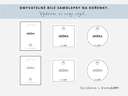 Samolepka ADŽIKA na kořenky, 3 velikosti, bílá, základní nebo tučné písmo, DomaLEP.