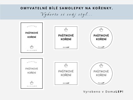 Samolepka PAŠTIKOVÉ KOŘENÍ na kořenky, 3 velikosti, bílá, základní nebo tučné písmo, DomaLEP.