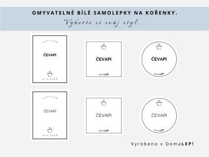 Samolepka ČEVAPI na kořenky, 3 velikosti, bílá, základní nebo tučné písmo, DomaLEP.