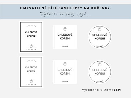 Samolepka CHLEBOVÉ KOŘENÍ na kořenky, 3 velikosti, bílá, základní nebo tučné písmo, DomaLEP.