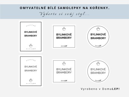 Samolepka BYLINKOVÉ BRAMBORY na kořenky, 3 velikosti, bílá, základní nebo tučné písmo, DomaLEP.