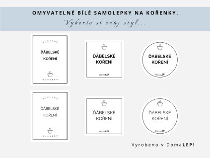 Samolepka ĎÁBELSKÉ KOŘENÍ na kořenky, 3 velikosti, bílá, základní nebo tučné písmo, DomaLEP.