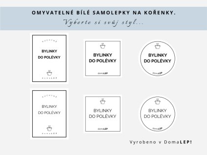 Samolepka BYLINKY DO POLÉVKY na kořenky, 3 velikosti, bílá, základní nebo tučné písmo, DomaLEP.