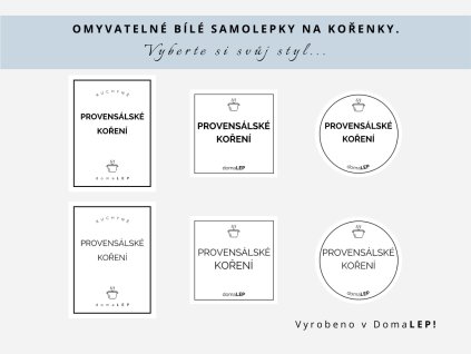 Samolepka PROVENSÁLSKÉ KOŘENÍ na kořenky, 3 velikosti, bílá, základní nebo tučné písmo, DomaLEP.