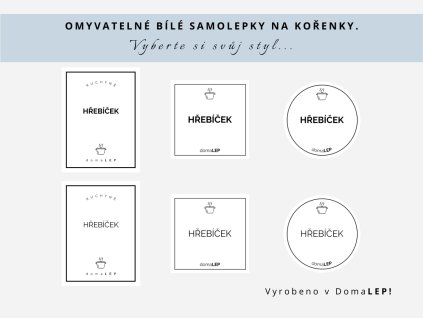 Samolepka HŘEBÍČEK  na kořenky, 3 velikosti, bílá, základní nebo tučné písmo, DomaLEP.