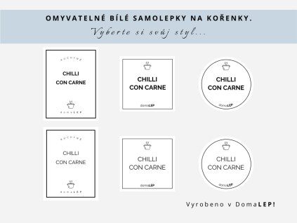 Samolepka CHILLI CON CARNE  na kořenky, 3 velikosti, bílá, základní nebo tučné písmo, DomaLEP.