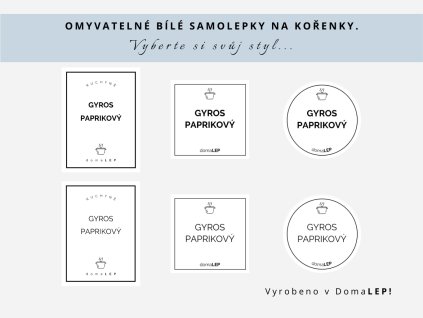 Samolepka GYROS PAPRIKOVÝ na kořenky, 3 velikosti, bílá, základní nebo tučné písmo, DomaLEP.
