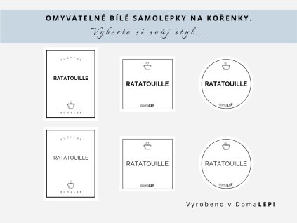 Samolepka RATATOUILLE na kořenky, 3 velikosti, bílá, základní nebo tučné písmo, DomaLEP.
