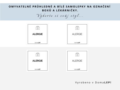 Samolepka ALERGIE na boxy a lékárničky, 5 x 5 cm, bílá nebo průhledná varianta, základní nebo tučné písmo, DomaLEP.