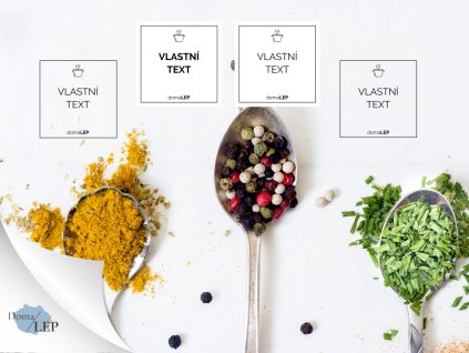 VLASTNÍ TEXT samolepky na dózy, lahve, kořenky do kuchyně, rozměr 5 x 5 cm, bílá a průhledná varianta DomaLEP