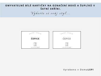 Kartička ČEPICE na boxy a šuplíky do šatní skříně, 8,5 x 5,5 cm, bílá, základní nebo tučné písmo, DomaLEP.
