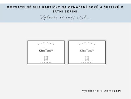 Kartička KRAŤASY na boxy a šuplíky do šatní skříně, 8,5 x 5,5 cm, bílá, základní nebo tučné písmo, DomaLEP.