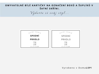 Kartička SPODNÍ PRÁDLO na boxy a šuplíky do šatní skříně, 8,5 x 5,5 cm, bílá, základní nebo tučné písmo, DomaLEP.