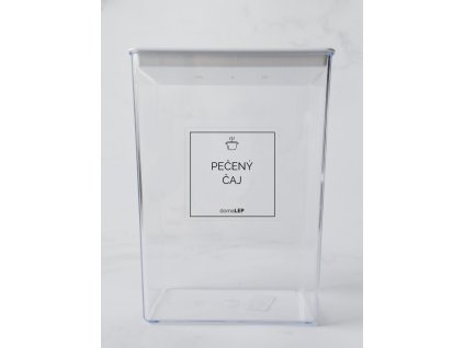 PEČENÝ ČAJ 5 × 5 cm – průhledná vinylová, voděodolná, omyvatelná samolepka na dózy, základní písmo komplet  