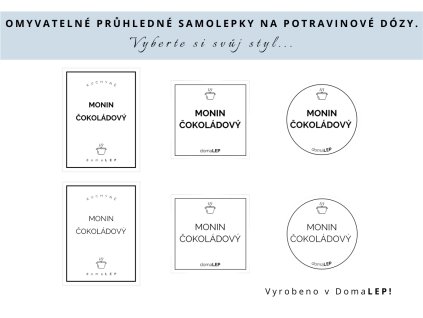 Samolepka MONIN ČOKOLÁDOVÝ na potravinové dózy, 3 velikosti, průhledná, základní nebo tučné písmo, DomaLEP.