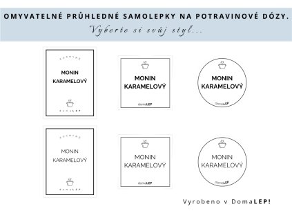 Samolepka MONIN KARAMELOVÝ na potravinové dózy, 3 velikosti, průhledná, základní nebo tučné písmo, DomaLEP.