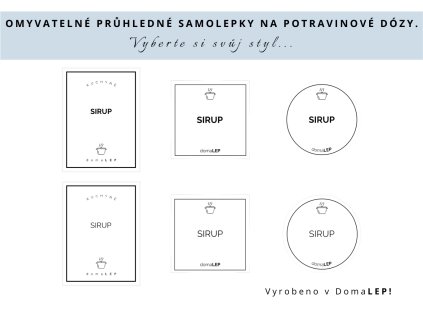 Samolepka SIRUP na potravinové dózy, 3 velikosti, průhledná, základní nebo tučné písmo, DomaLEP.